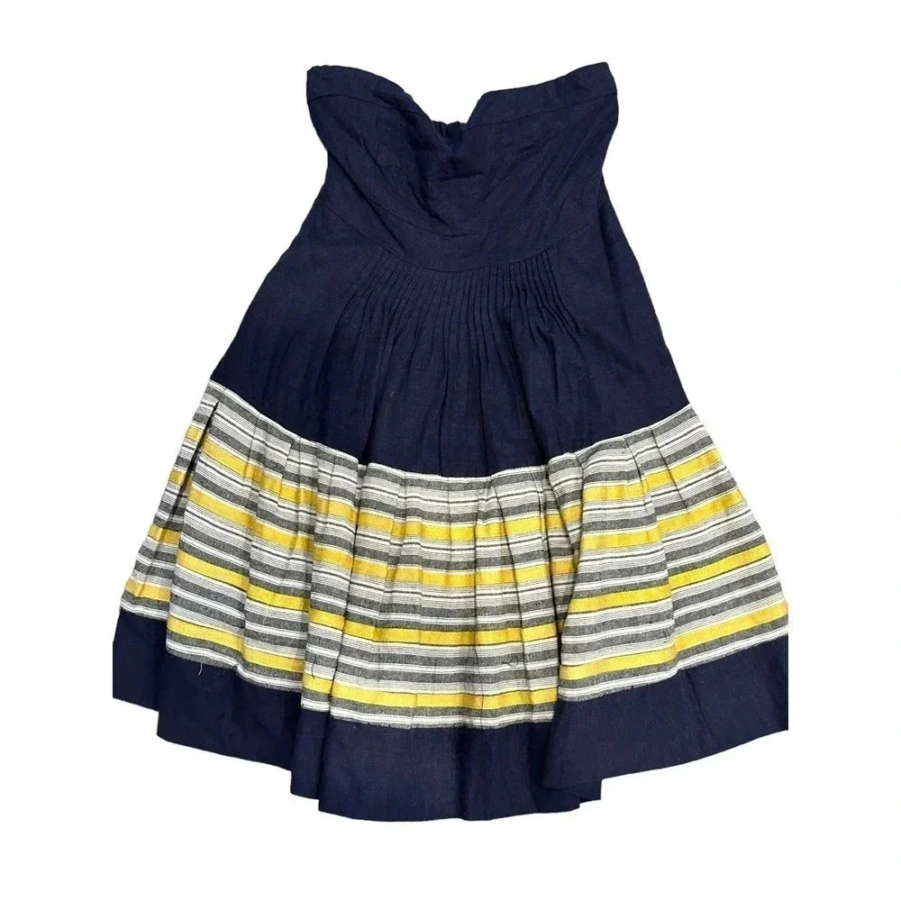 Shulami Linen Navy Blue Strapless Sweetheart Striped‎ Mini Dress Size S NWT